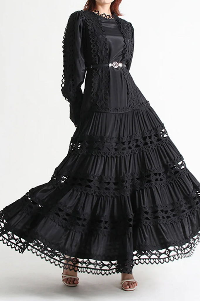 Tanya Black Hollow Ruffle Long Dress | Dresses