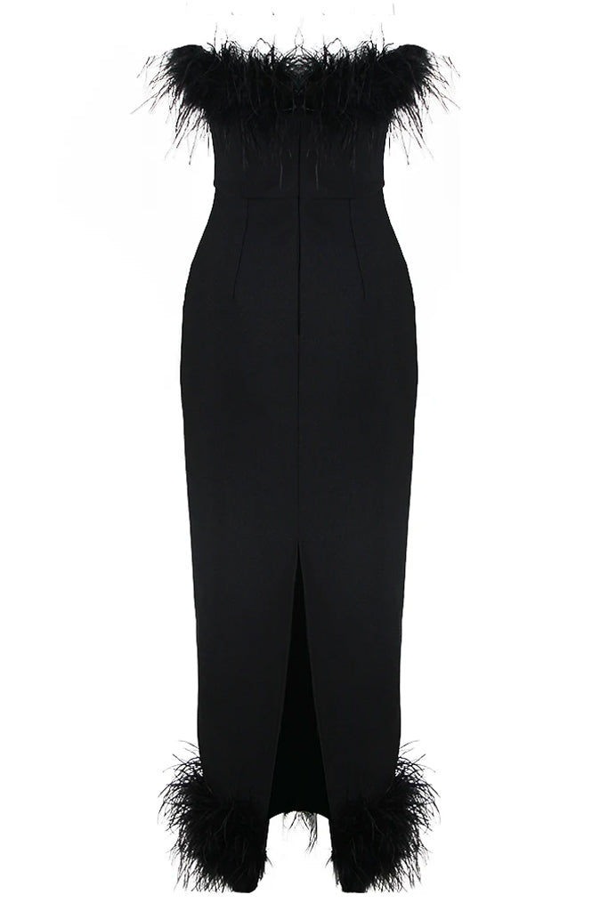 Idalia Black Feather Midi Dress | Dresses Idalia Μαύρο Μίντι Φόρεμα με Φτερά | Βραδινά Φορέματα