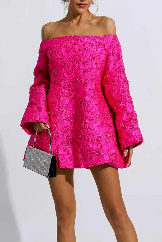 Odalia Fuchsia  Off Shoulder Jacquard Mini Dress | Dresses