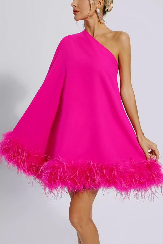 Fiora One Shoulder Mini Dress with Feathers | Dresses - Φορέματα | Fiora Φόρεμα με Φτερά και έναν Ώμο