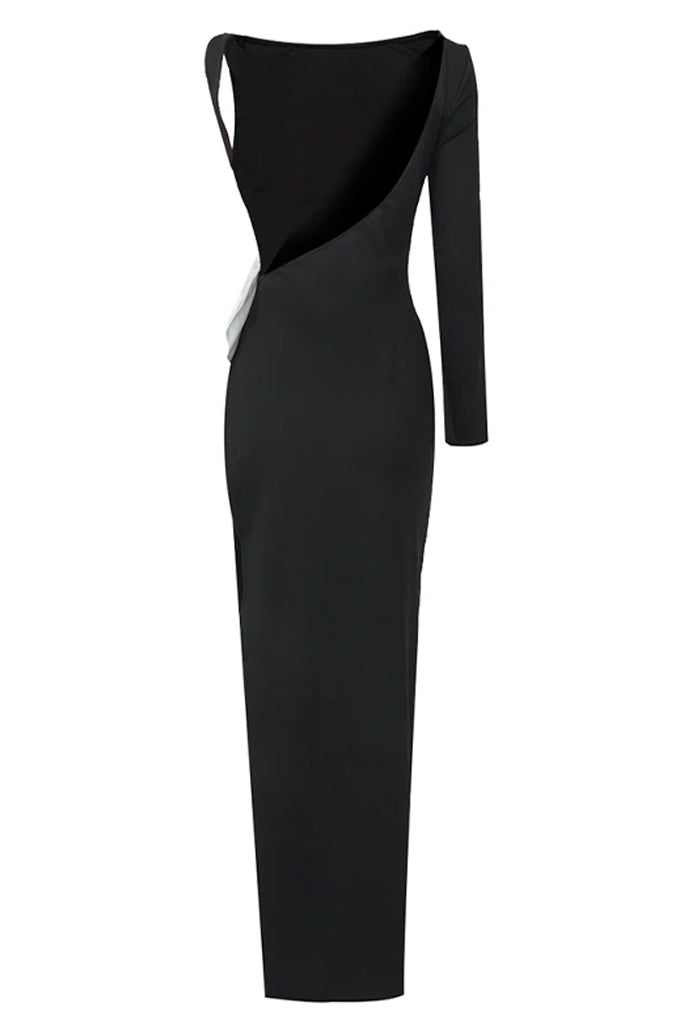 Adena One Shoulder Bow Maxi Dress with Cutouts | Dresses - Adena Μαύρο Μακρύ Φόρεμα με Ανοίγματα
