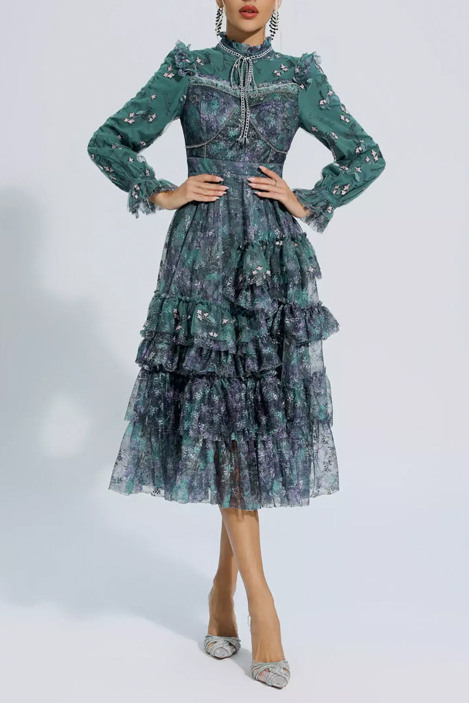 Ivana Petrol Floral Tulle Mesh Dress | Dresses - Φορέματα | Ivana Φλοράλ Πετρόλ Φόρεμα με Τούλι