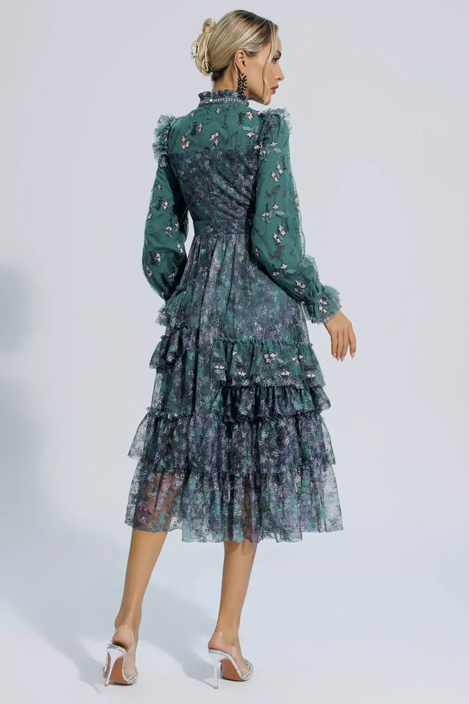 Ivana Petrol Floral Tulle Mesh Dress | Dresses - Φορέματα | Ivana Φλοράλ Πετρόλ Φόρεμα με Τούλι