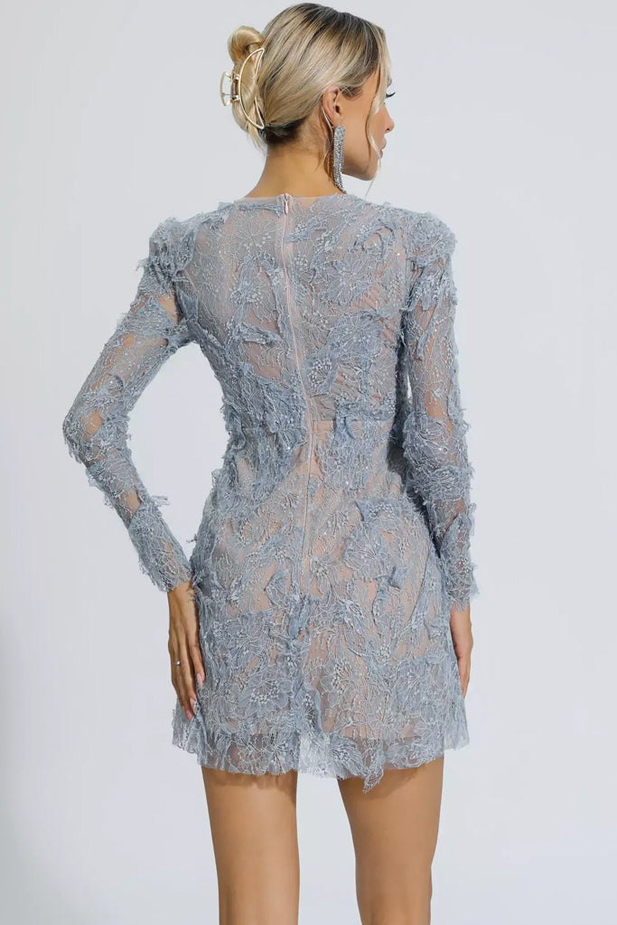 Blue Lace Floral Mesh Mini Dress | Dresses - Φορέματα | Bluelia Γαλάζιο Μίνι Φόρεμα με Δαντέλα