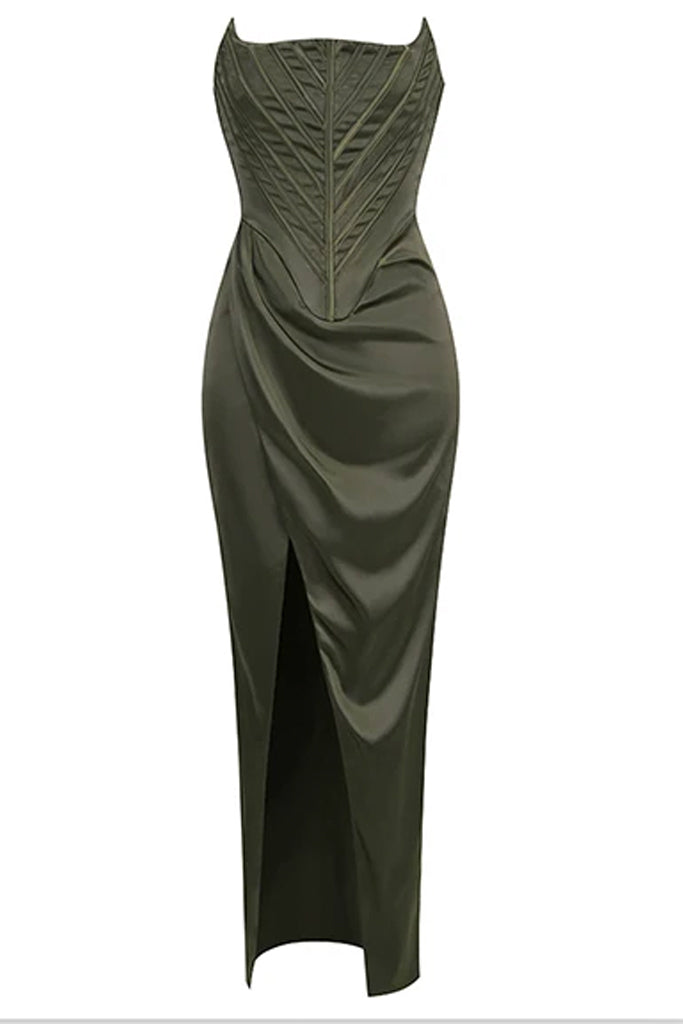 Charisma Green Satin Long Dress | Dresses - Charisma Μακρύ Σατέν Φόρεμα