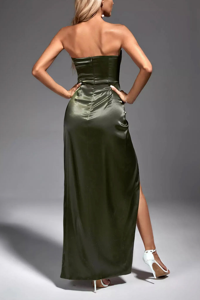 Charisma Green Satin Long Dress | Dresses - Charisma Μακρύ Σατέν Φόρεμα
