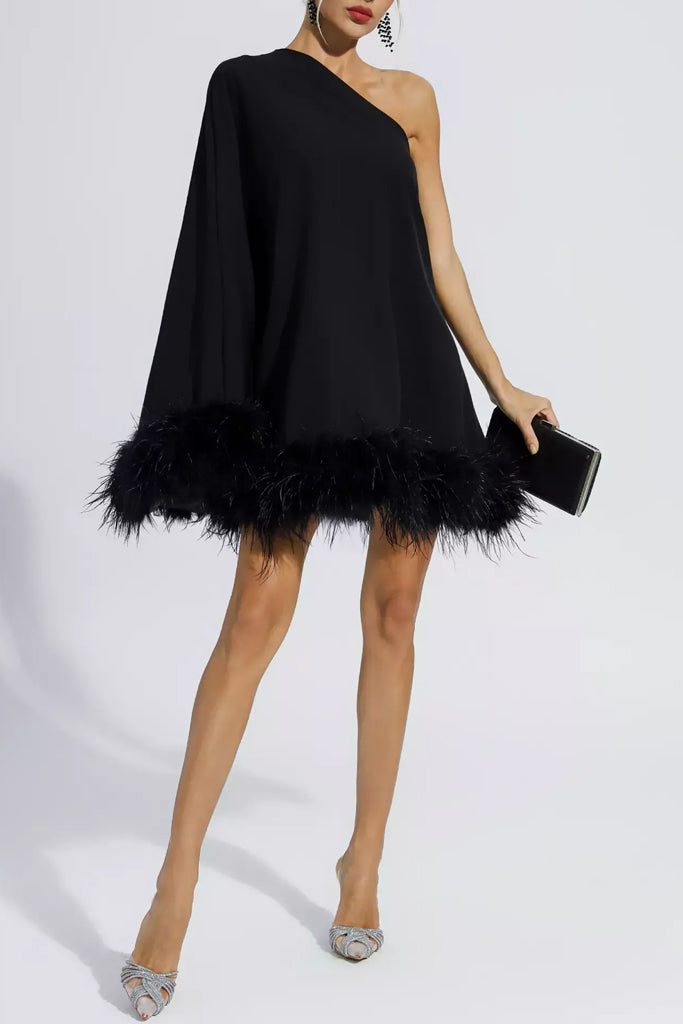 Fiora One Shoulder Mini Dress with Feathers | Dresses - Φορέματα | Fiora Φόρεμα με Φτερά και έναν Ώμο