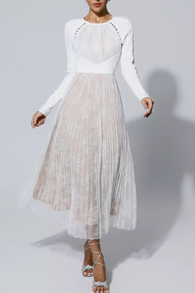 Azura White Lace and Tulle Midi Dress | Dresses