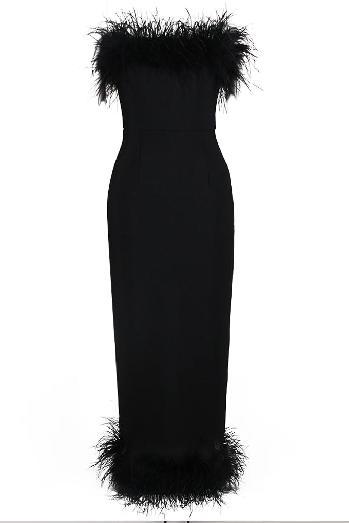 Idalia Black Feather Midi Dress | Dresses Idalia Μαύρο Μίντι Φόρεμα με Φτερά | Βραδινά Φορέματα