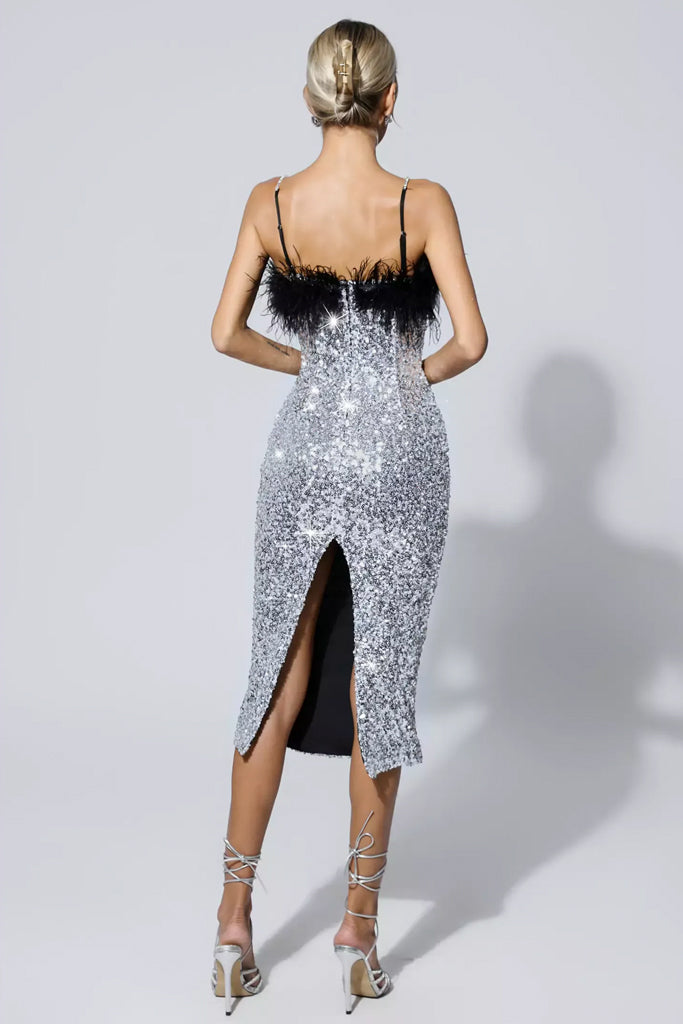 Elita Midi Sequined Dress with Feathers | Dresses