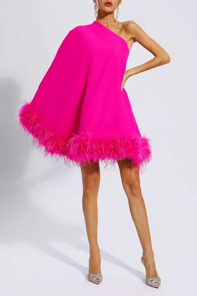 Fiora One Shoulder Mini Dress with Feathers | Dresses - Φορέματα | Fiora Φόρεμα με Φτερά και έναν Ώμο